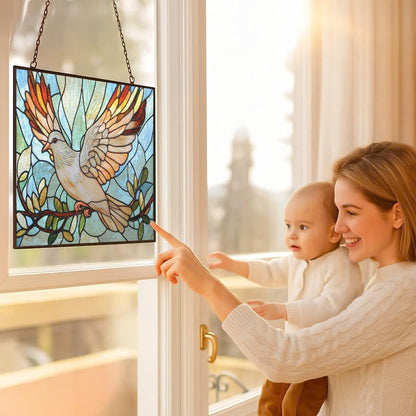 Rectangle Art Nouveau Dove and Olive Suncatchers for Windows, Stained Glass Window