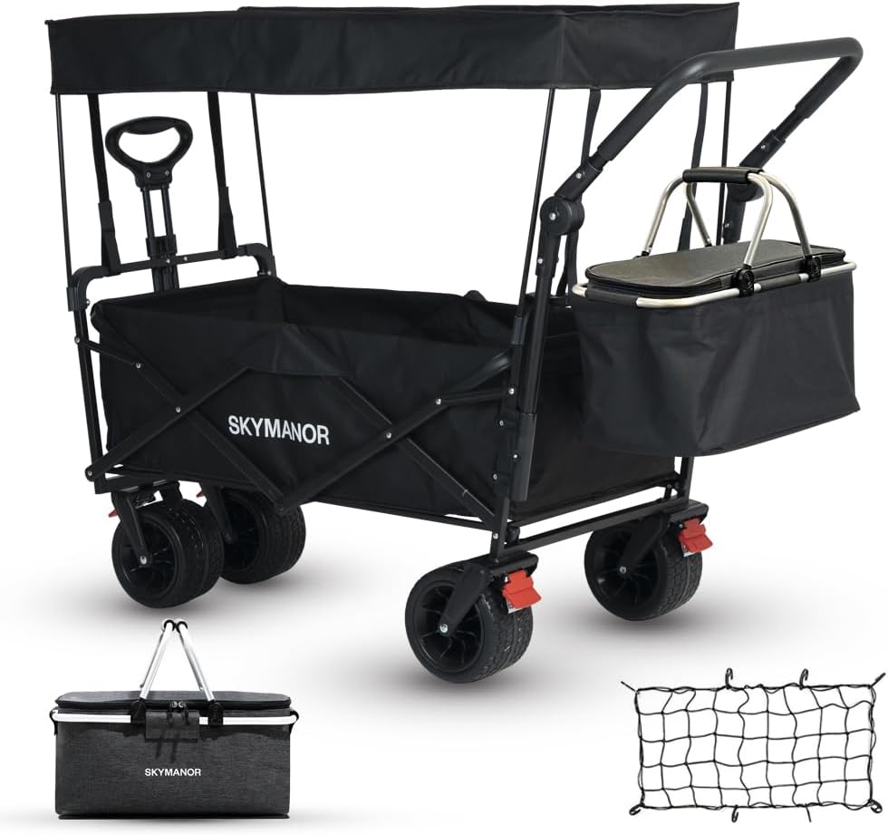 SKYMANOR Collapsible Wagon with Removable Canopy, 3-in-1 Heavy Duty Garden Cart with Big