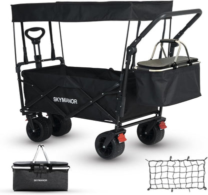 SKYMANOR Collapsible Wagon with Removable Canopy, 3-in-1 Heavy Duty Garden Cart with Big