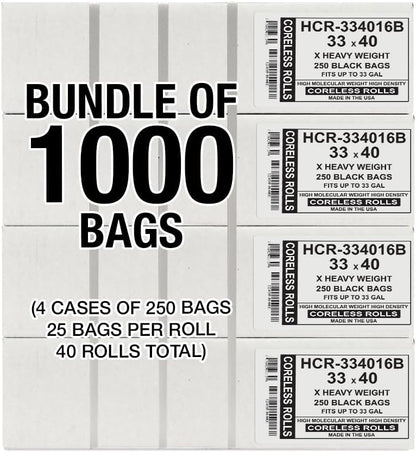 Aluf Plastics High Density Trash Bags, 33 Gallon, 1000 Count, 16 Micron (eq), 33" x 40", Black, for