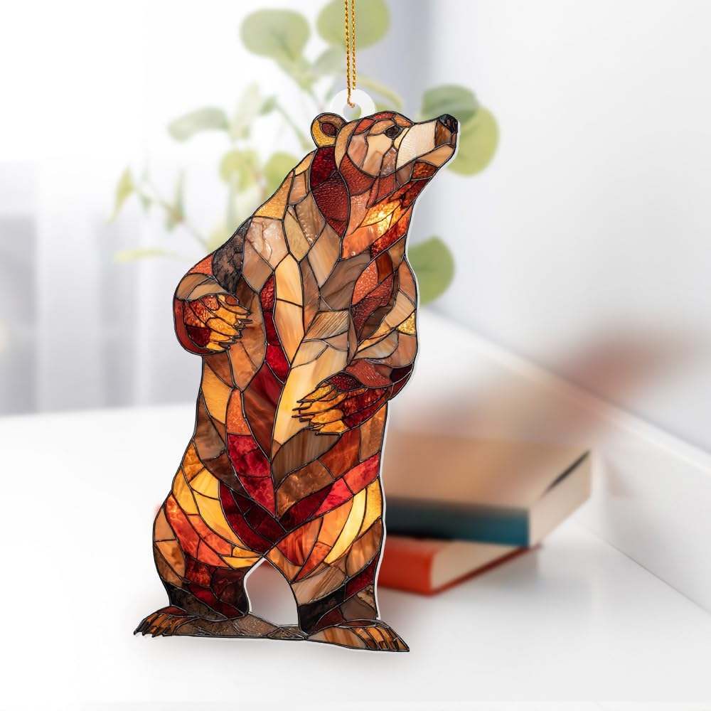 Stained Glass Acrylic Bear Ornament 2025 – Handcrafted Wildlife Christmas Tree Decoration, Rustic