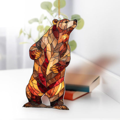 Stained Glass Acrylic Bear Ornament 2025 – Handcrafted Wildlife Christmas Tree Decoration, Rustic