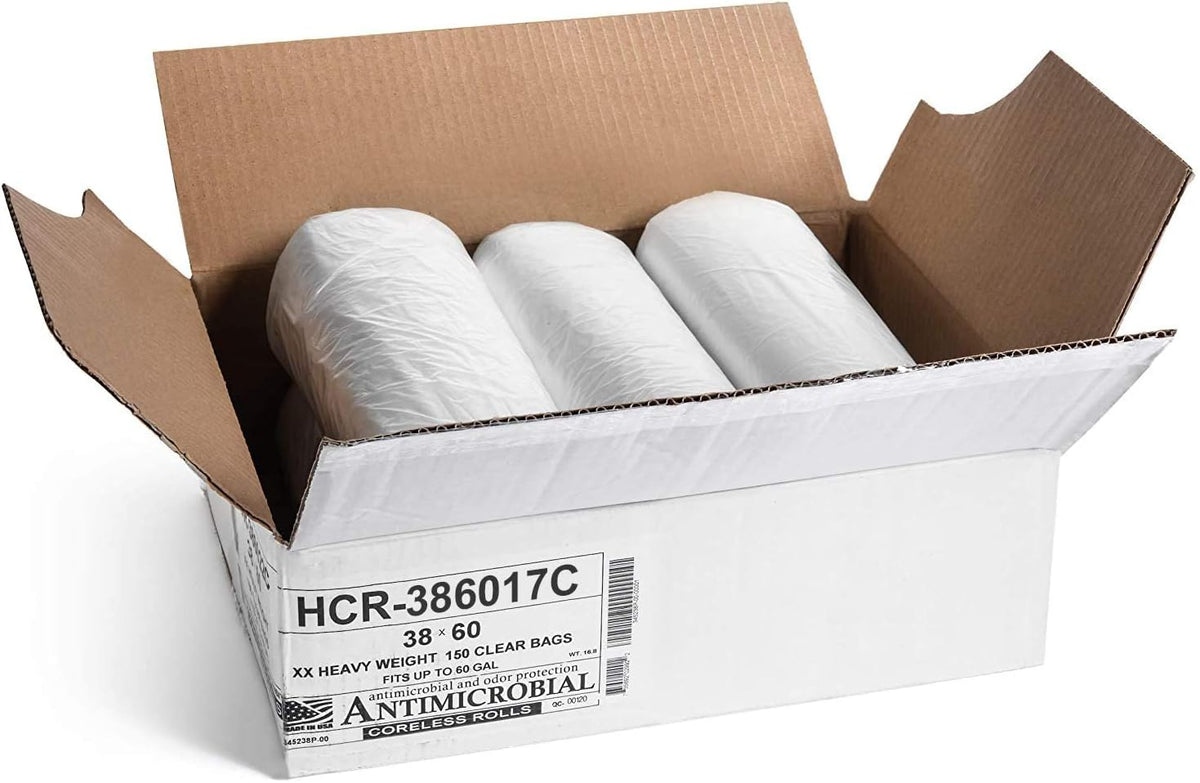 Aluf Plastics High Density Trash Bags, 60 Gallon, 150 Count, 17 Micron (eq), 38" x 60", Clear, for