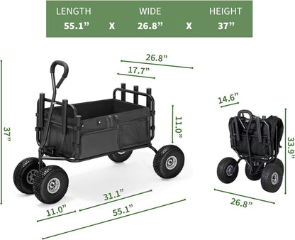 Fishing Cart Beach Cart Collapsible Wagon with 11”All Terrain Big Wheels,Heavy-Duty Garden Carts