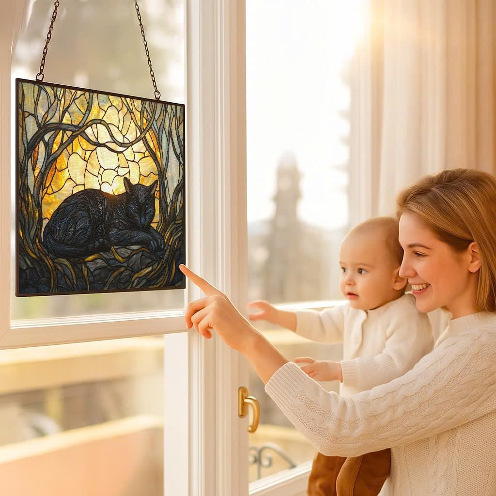 Rectangle Art Nouveau Black Cat Sunbeam Stained Glass Window Hanging Customized Suncatcher Glass