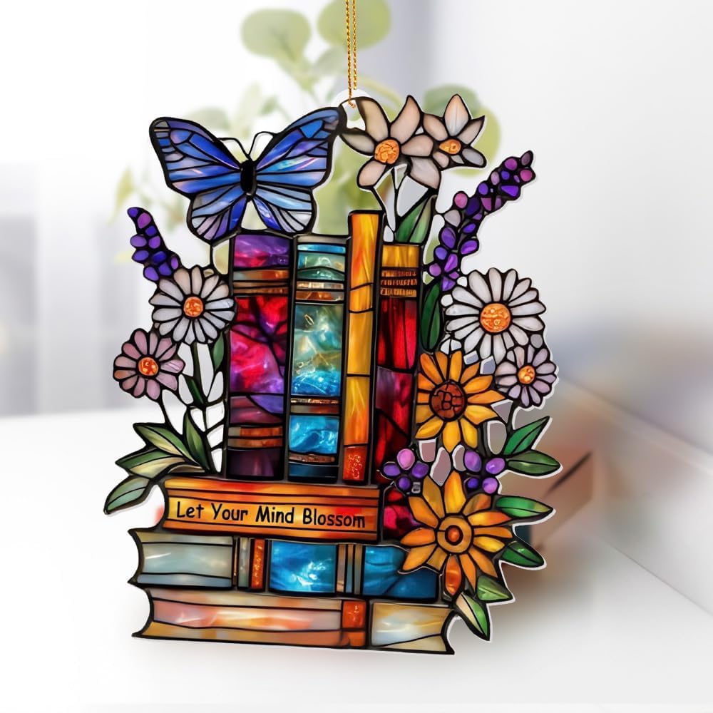 Book Ornament – Stained Glass Style Acrylic Christmas Ornament with,Teacher Back To School Gift