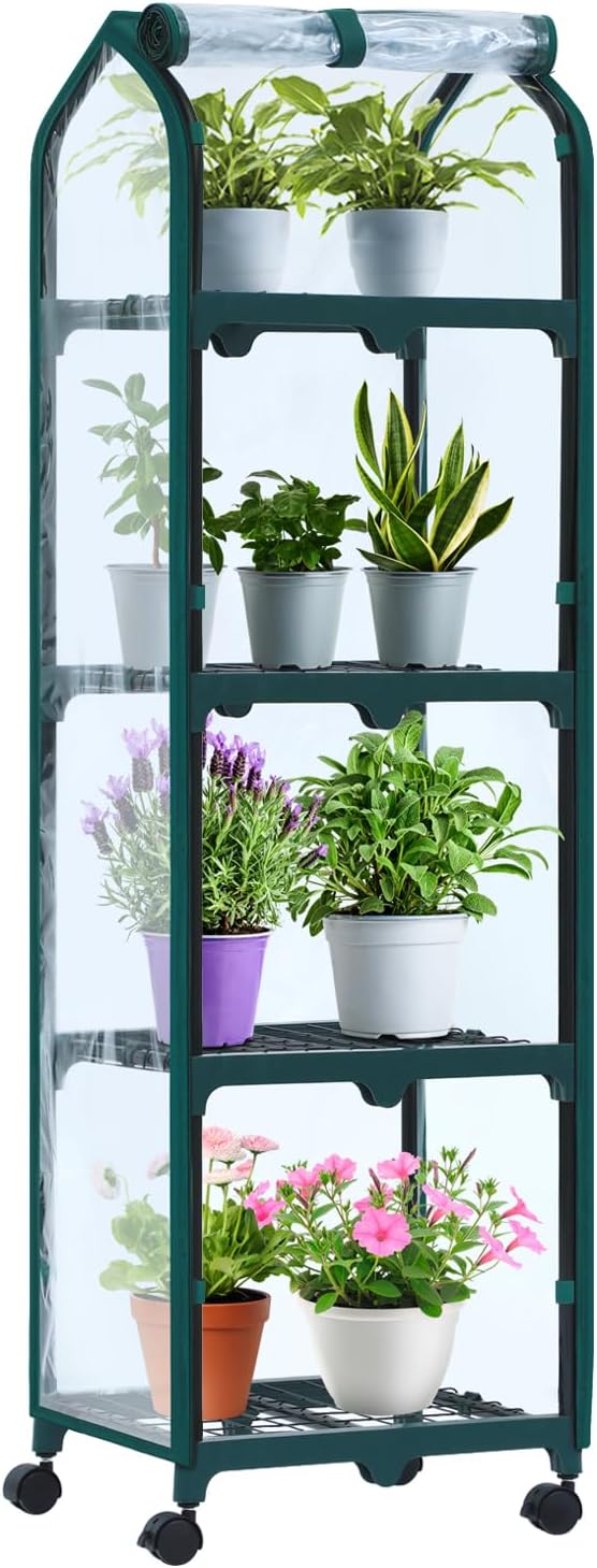 Ohuhu Mini Greenhouse for Indoor Outdoor, Small Plastic Plant Green House with Locking Wheels