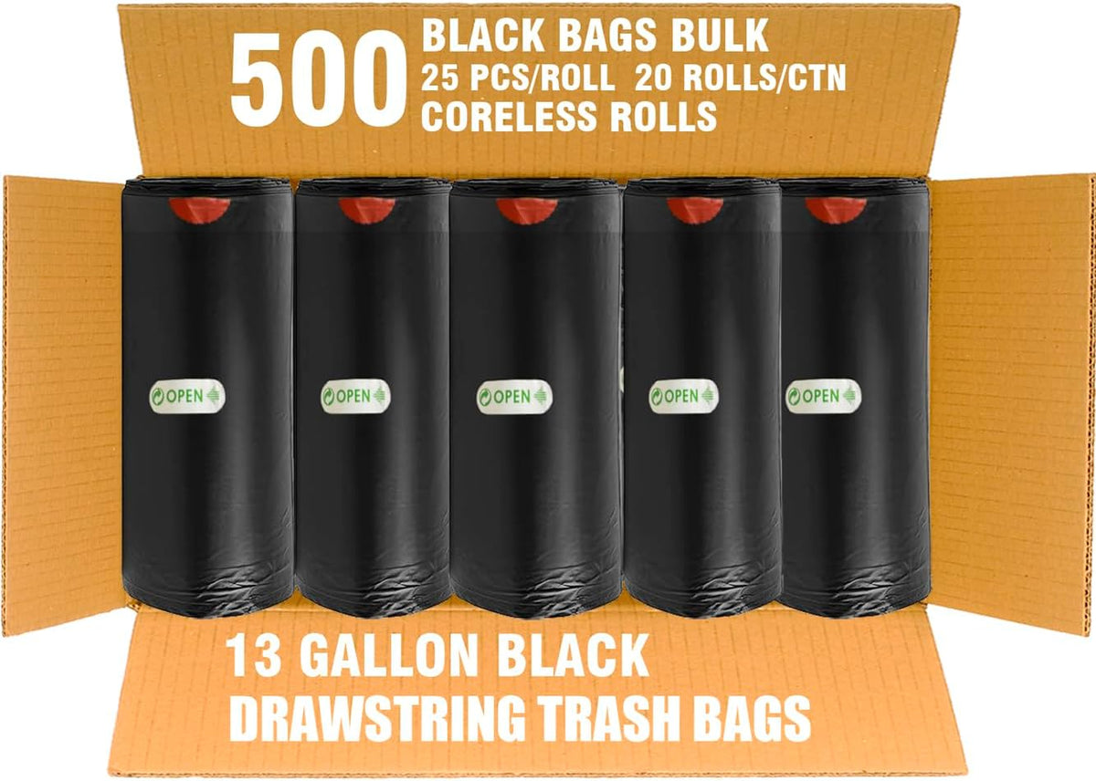 13 Gallon Trash Bags Drawstring, 500 Count Bulk Value Pack, Black & Unscented Garbage Bags