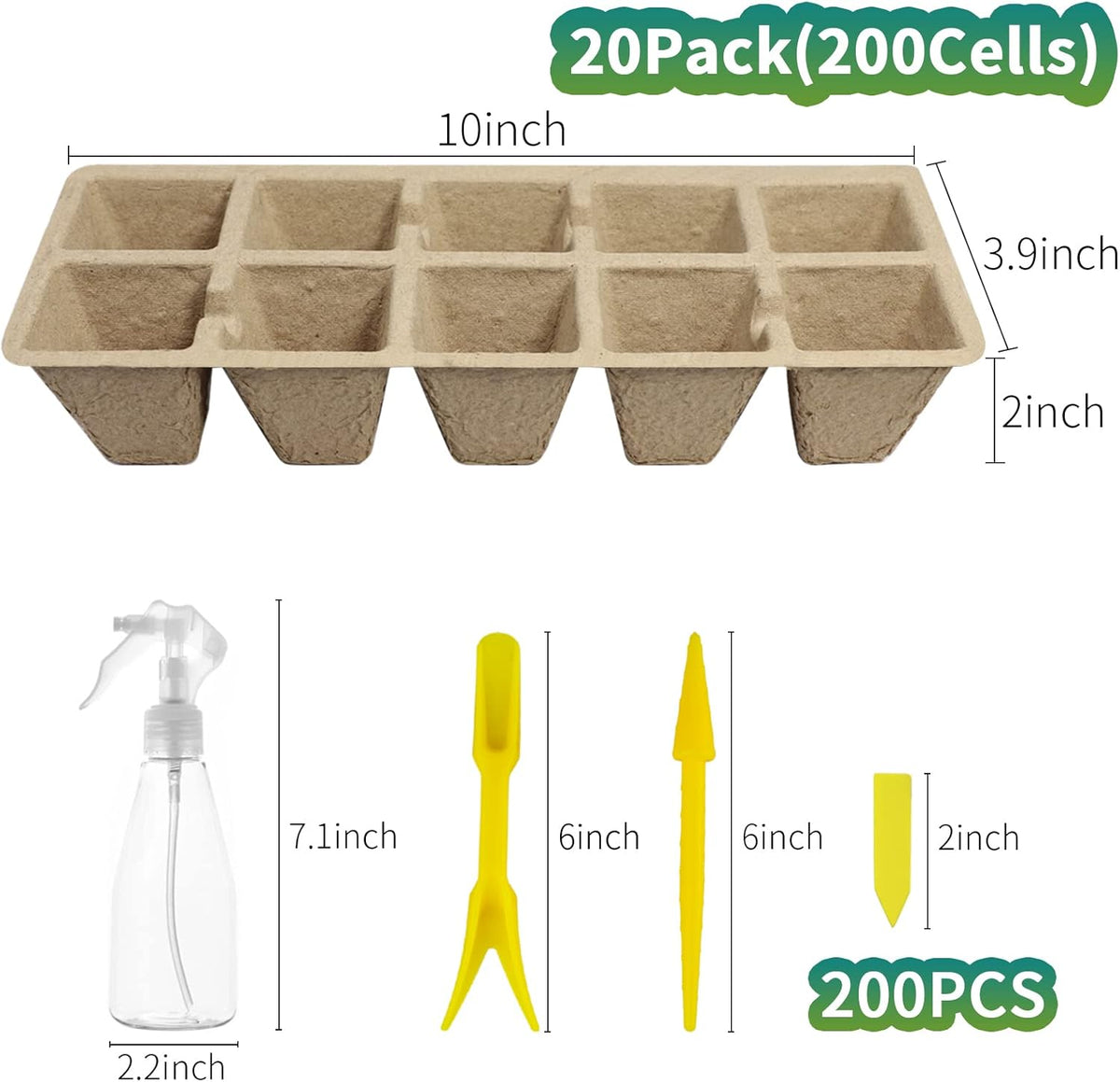 200Cells Seedling Start Trays with Drain Holes,20pcs Peat Pots Seedling Pots Biodegradable,Seedling