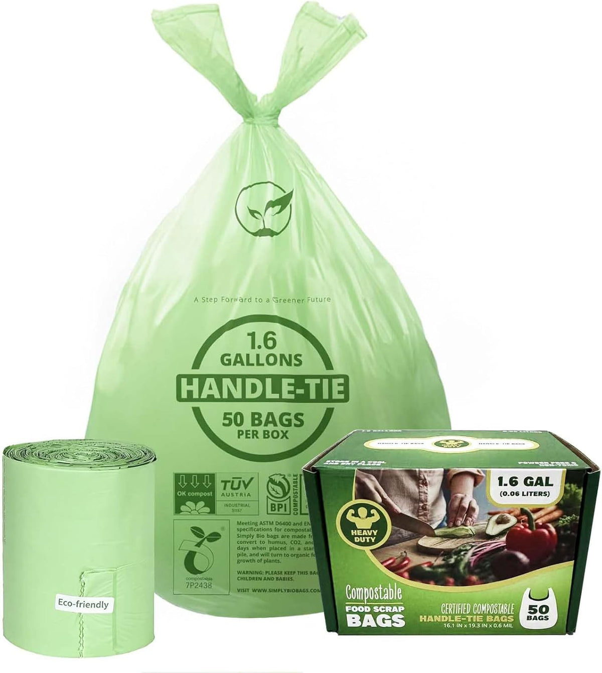 1.6 Gallon Compostable Trash Bags Drawstring, Heavy Duty Extra Thick 0.6 Mil, 6.06 Liter, 50 Bags