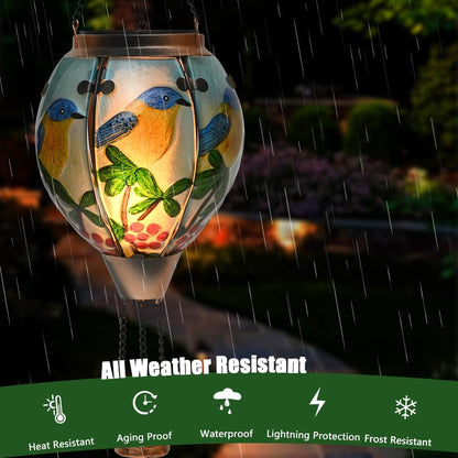 Hot Air Balloon Solar Lantern - Bluebird Glass Lantern, Simulated Flickering & Dancing Flame