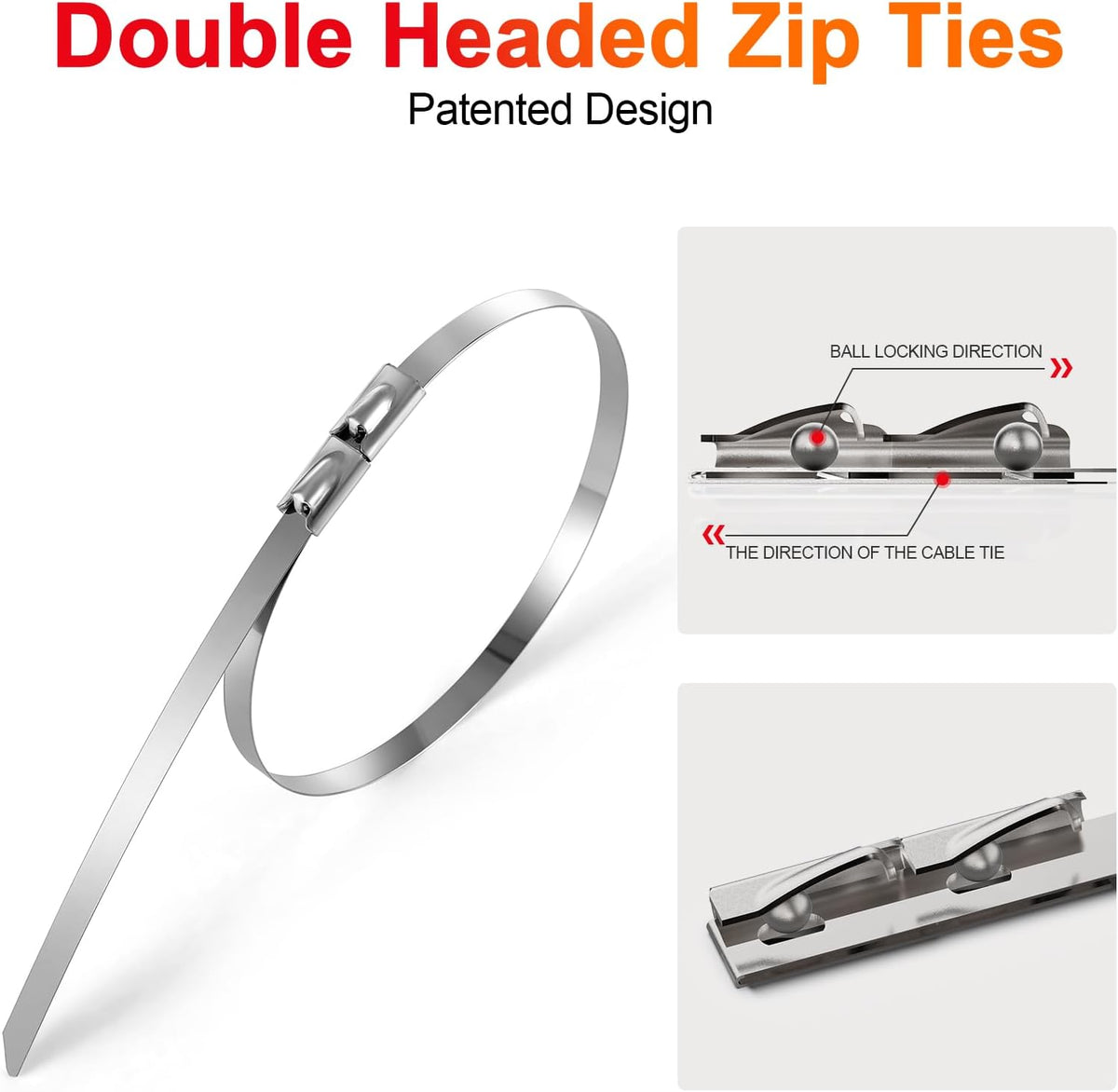 Metal Zip Ties (200PCS 11.8 Inch), 304 Stainless Steel, 300 LBS Heavy Duty Double Headed