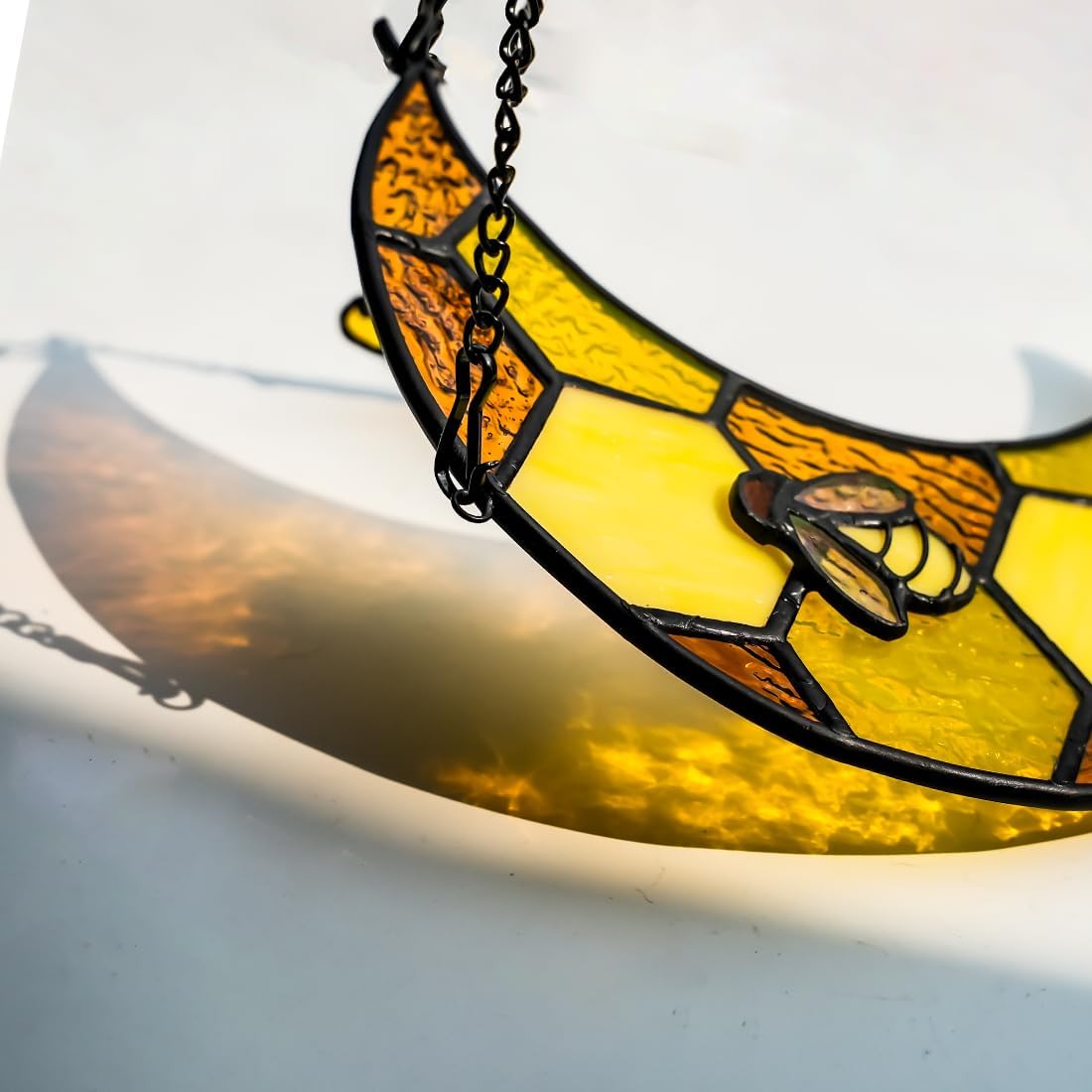 Bee Stained Glass Suncatcher for Window,Honeycomb Stained Glass Window Hanging Moon Decor,Bee Gifts