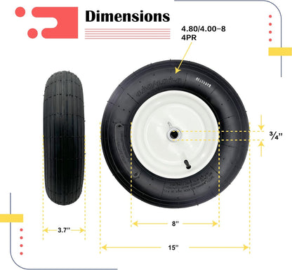 2-Pack 4.80-8 Wheelbarrow Tire with Rim 3"-6''Centered Hub, 3/4" or 5/8''or 1/2'' Bearings, 16‘’