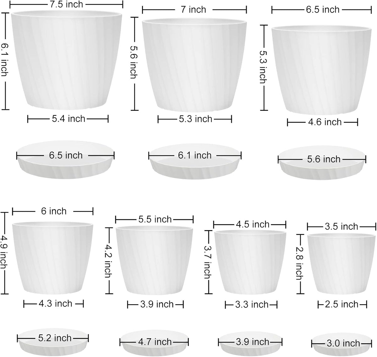 7 pcs Plant Pots with Drainage Holes and Saucers, Indoor Planters, Set of 7 (7.5, 7, 6.5, 6, 5.5