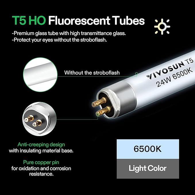 VIVOSUN T5 Grow Light Bulbs 4 Ft 46 Inches, 54W 6500K HO Fluorescent Tubes Light Bulbs, Cool White