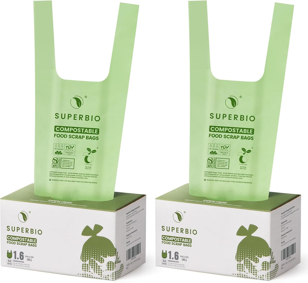 SUPERBIO 1.6 Gallon Handle Tie Compostable Food Scrap Bags, Small Compost Bags with Handles, 50