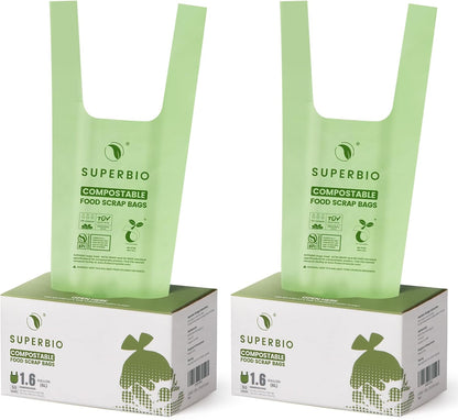 SUPERBIO 1.6 Gallon Handle Tie Compostable Food Scrap Bags, Small Compost Bags with Handles, 50