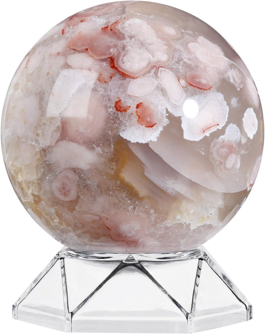 Natural Cherry Blossom Agate Crystal Ball with Acrylic Display Base, 71-80mm Polished Stone Feng