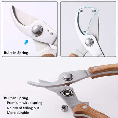 BUGUI Wood Handle Pruning Shears, SK-5 Steel Blade, 1-inch Cutting Capacity, Sharp, Well Designed