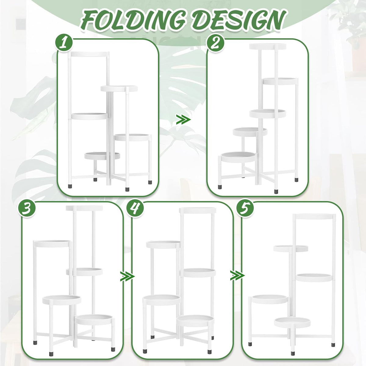 iDavosic.ly Plant Stand Indoor Outdoor, 5 Tier Corner Metal Flower Display Holder Shelf, Folding