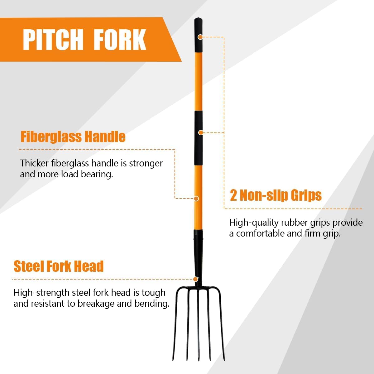 Pitch Fork-58 Inch，5-Tine Steel Garden Fork Heavy Duty, Mulch with Cushion Grip, Orange Fiberglass