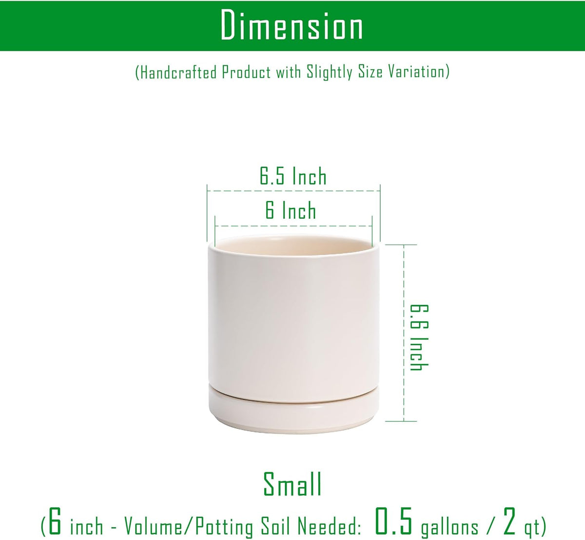 D'vine Dev 6.5 Inch Ceramic Planter Pot with Drainage Hole and Saucer, Indoor Cylinder Round