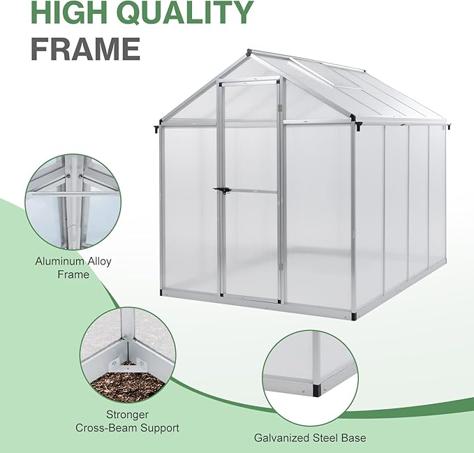 Aoodor 6 x 8 Ft Walk-in Greenhouse with Gutter, Polycarbonate and Heavy-Duty Aluminum Frame