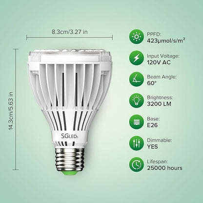 Dimmable Grow Light Bulb, Full Spectrum with Remote Control, Auto On Off Timing 4 8 12 Hrs, 32W