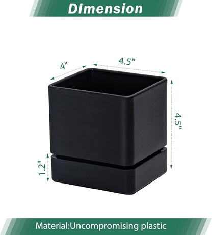 4 Inch Herb Planter Pot, Plastic Planter with Drainage Holes and Saucer, Modern Decorative