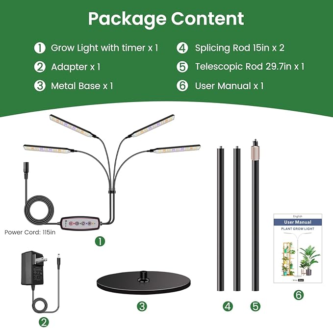 Grow Lights for Indoor Plants with Stand, 4-Heads Full Specturm Plant Grow Light with 4/8/12/16H
