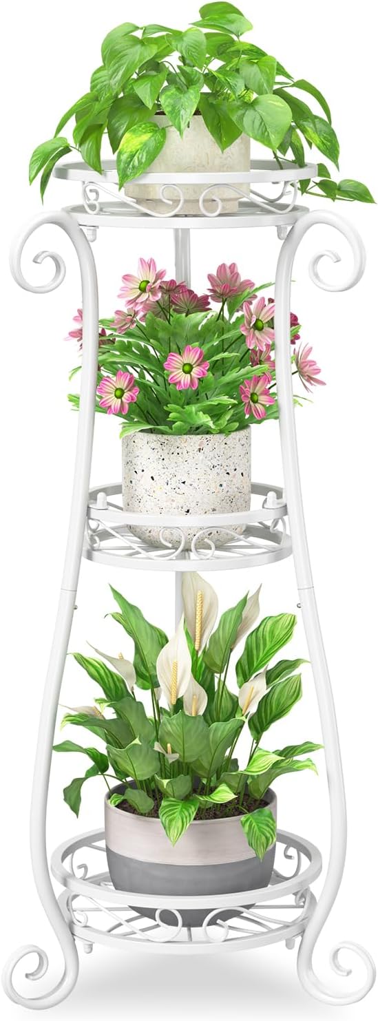 iDavosic.ly 3 Tier Metal Plant Stand Indoor Outdoor, Wrought Iron Corner Tall Flower Pot Holder