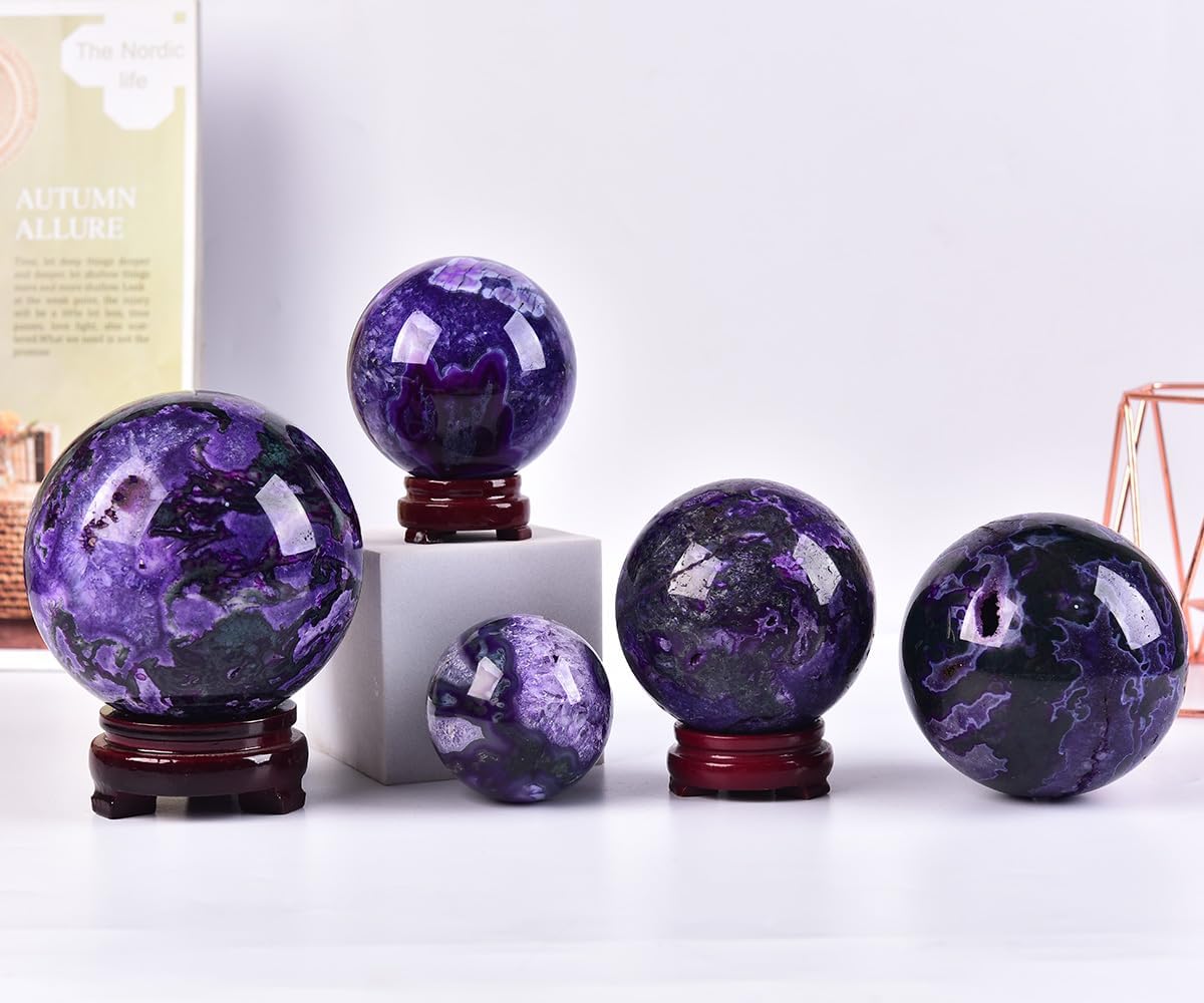 JIC Gem 3.1-3.5 inch(80-90mm) Large Purple Moss Agate Crystal Sphere Quartz Crystal Ball with Stand