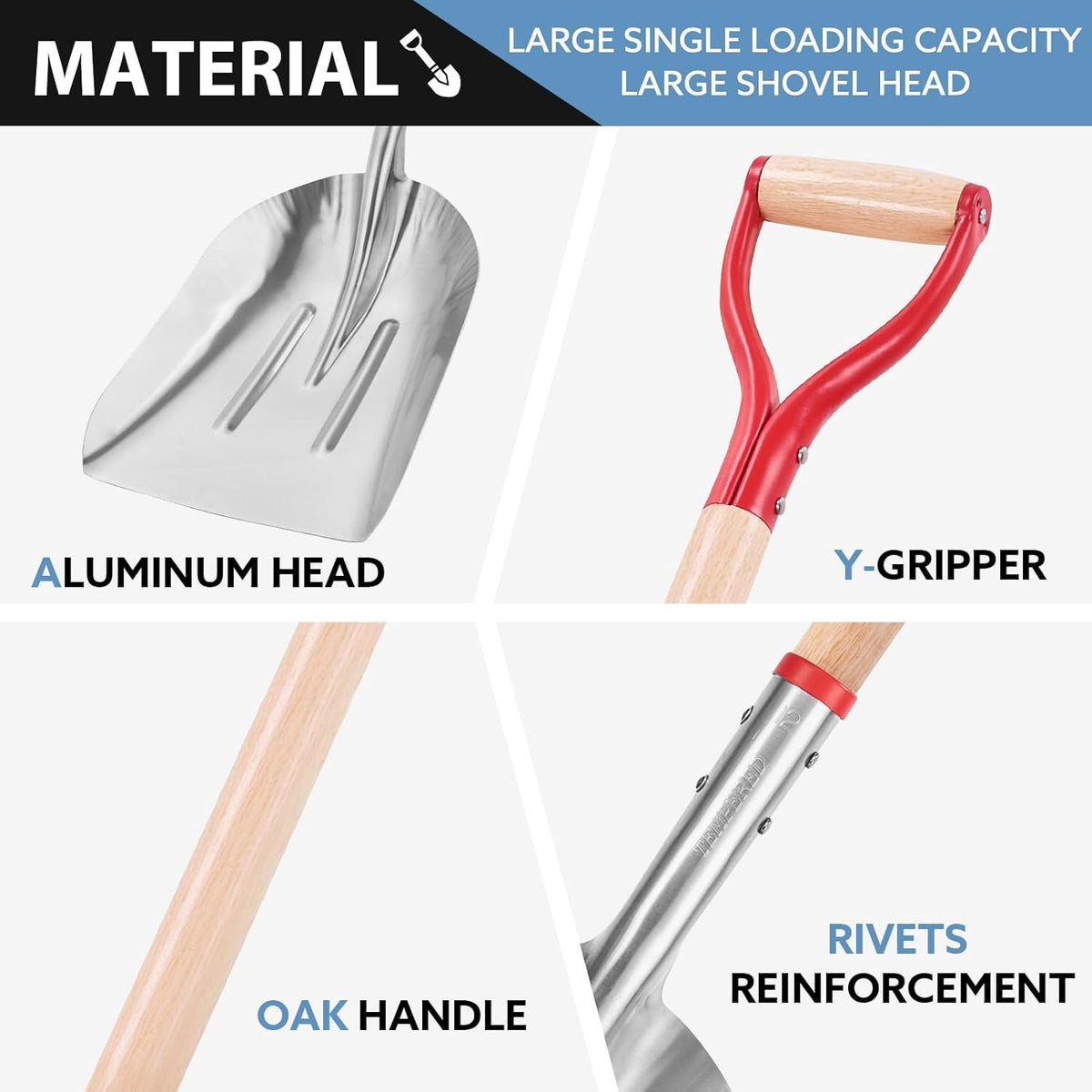 Aluminum Snow Scoop Shovel Wide Grain Shovels with Lightweight Large Capacity Head and Oak Wooden
