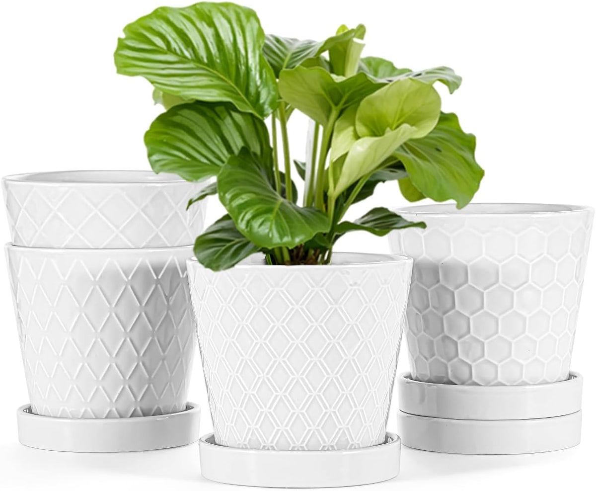 EFISPSS Flower Planter –5 inch Ceramic Plant Pots with Drainage Holes and Ceramic Tray - Gardening