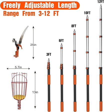 20FT Tree Trimmer, Manual Pole Saw with 3-12FT Extension Pole, Fruit Picker for Orange Lemon Mango