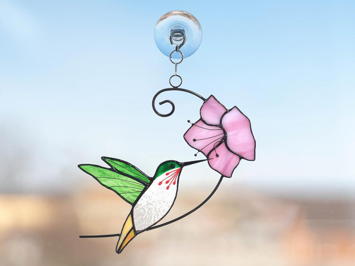 Lolitarcrafts Hummingbird with Flower Stained Glass Suncatcher Bird Stained Glass Window Hangings