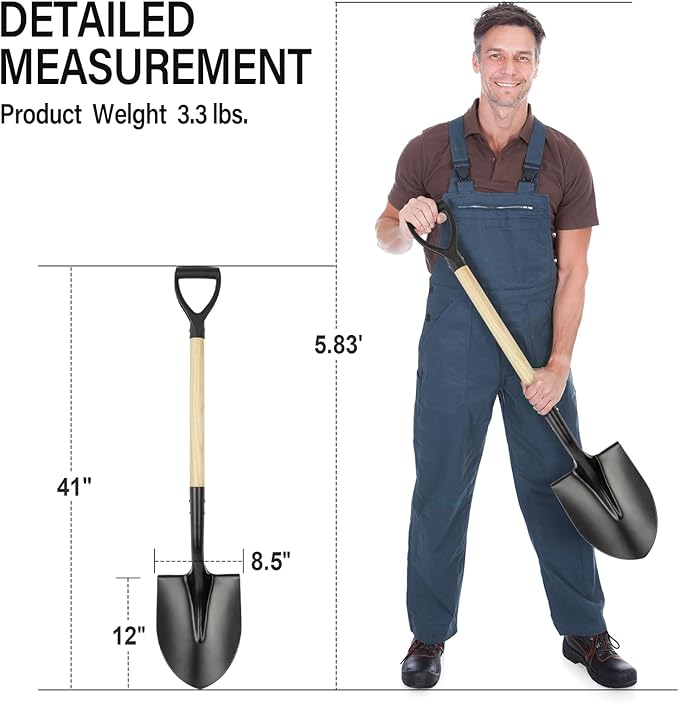 Shovel for Digging,Round Shovel, Garden Tool with D-Handle, 41 Inches in Overall Length, Wooden