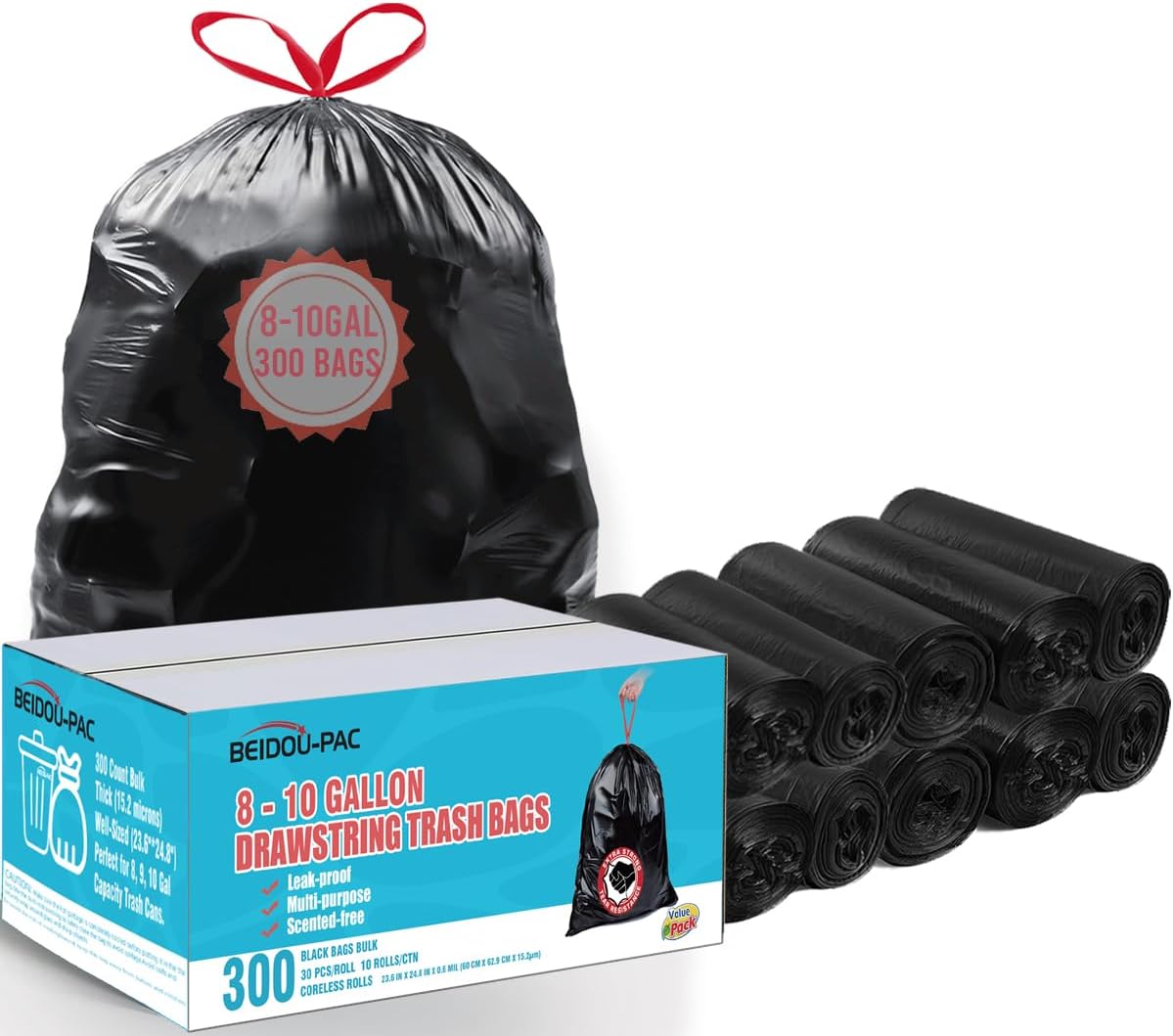 8-10 Gallon Trash Bags Drawstring, 300 Count Bulk, Black & Unscented Multi-purpose Garbage Bags for