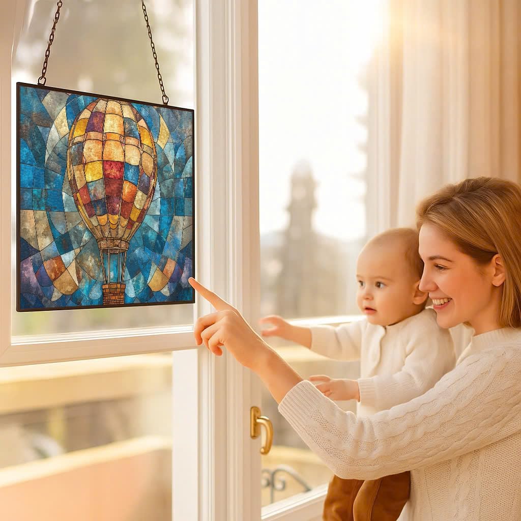 Personalized Rectangle Boho Hot Air Balloon Stained Glass Suncatcher Window Hanging, Gothic