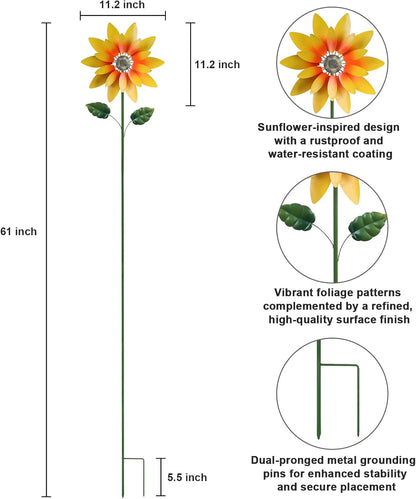 hogardeck Outdoor Wind Spinner, 61" Metal Sunflower Wind Spinner with Stake, 360° Rotating Windmill