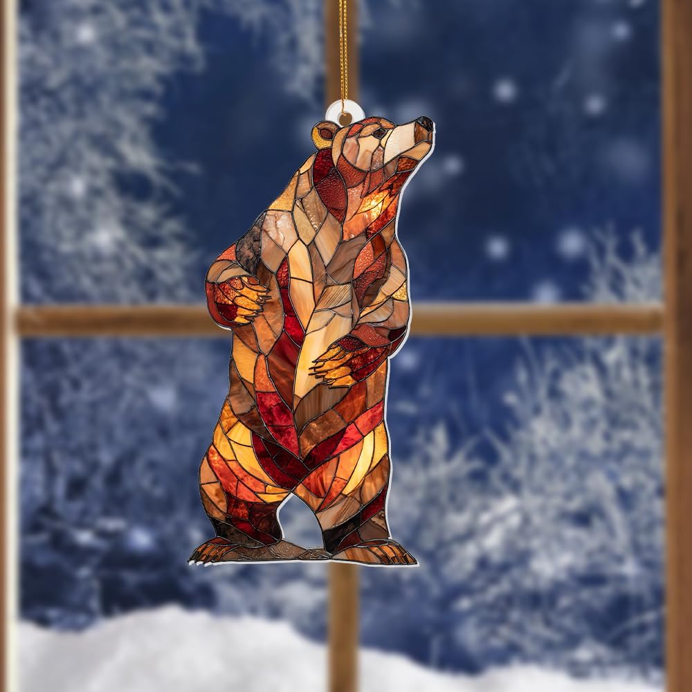 Stained Glass Acrylic Bear Ornament 2025 – Handcrafted Wildlife Christmas Tree Decoration, Rustic