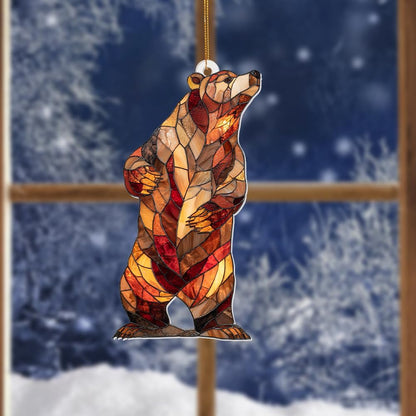 Stained Glass Acrylic Bear Ornament 2025 – Handcrafted Wildlife Christmas Tree Decoration, Rustic