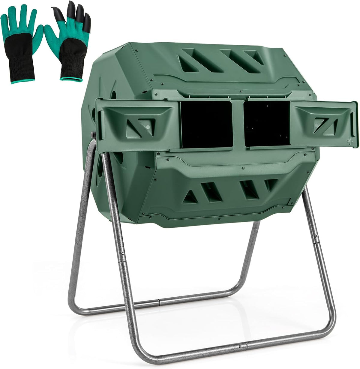 Goplus Compost Bin, Outdoor 42-Gal Dual Chamber Composting Tumbler w/2 Sliding Doors, Heavy-Duty