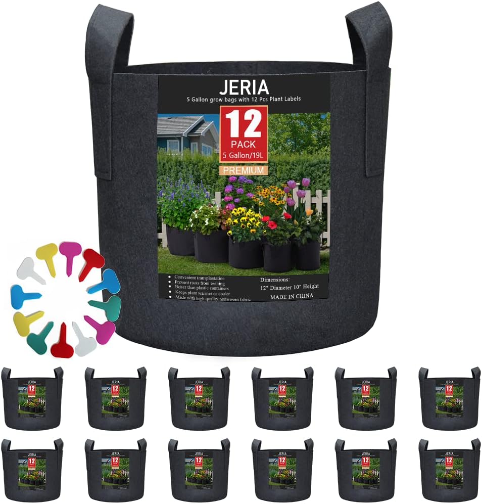 JERIA 12-Pack 5 Gallon, Vegetable/Flower/Plant Grow Bags, Aeration Fabric Pots with Handles