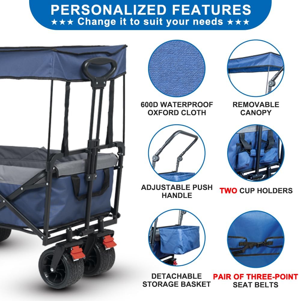 SKYMANOR Collapsible Wagon with Removable Canopy, 3-in-1 Heavy Duty Garden Cart with Big