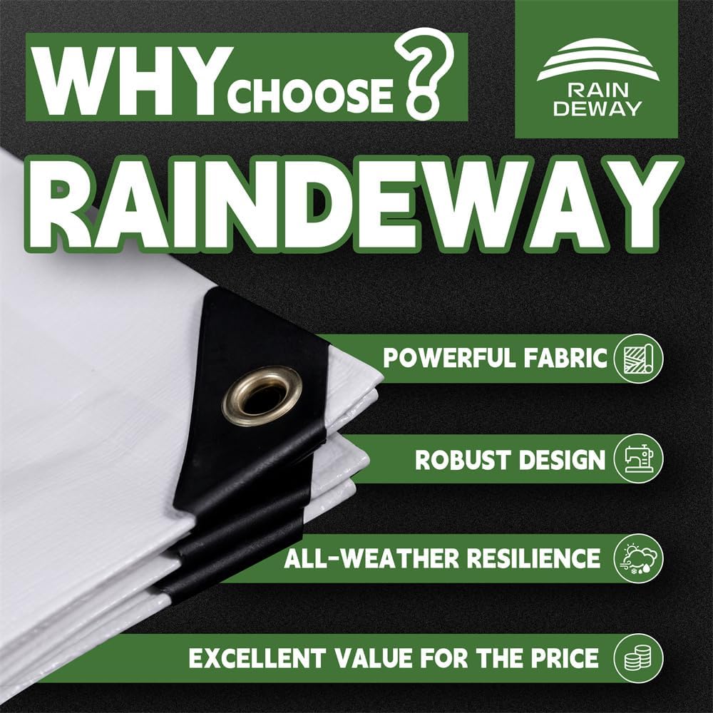 RAINDEWAY 12 Mil Heavy Duty White Tarp 10x12 Feet, UV Resistant, Waterproof, Weatherproof Poly Tarp