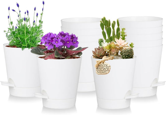 12 Pack 4 Inch Self Watering Plant Pots with Drainage and Saucers，Plastic Flower Pots for Indoor