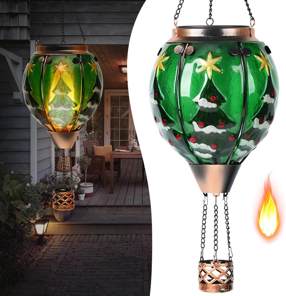 Solar Powered Hot Air Balloon Lantern - Christmas Tree Glass Lantern, Simulated Flickering &