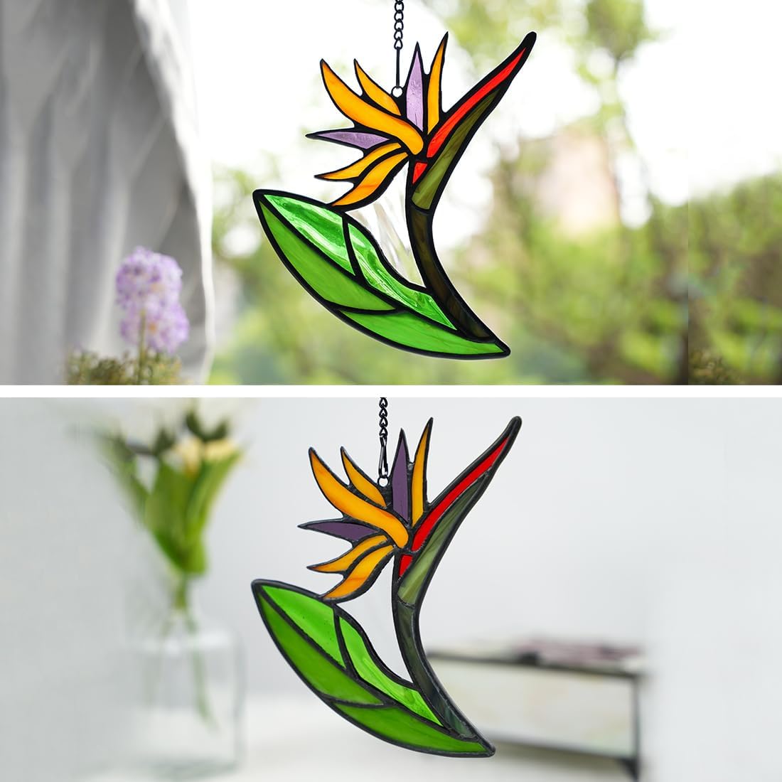 Bird of Paradise Flower Decor Stained Glass Suncatcher,Artificial Fake Flowers Gift for